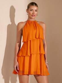 SHEIN BAE 夏季海滩度假纯红色层叠荷叶蛋糕雪纺迷你连衣裙，适合日常约会、夜间外出、夜总会、派对、聚会、鸡尾酒会、泳池派对、返校季服装、学校季连衣裙、节日连衣裙、芭蕾舞裙 - 橘色 - 查看 3