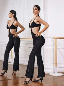Menodora SHEIN Sport Women's Solid Color Waist Cutout Halter Flare Jumpsuit Latin Dancewear