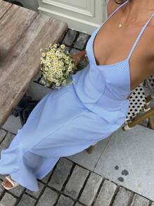 SHEIN Unity 女士条纹吊带长裙，性感紧身 - 藍白色 - 查看 7