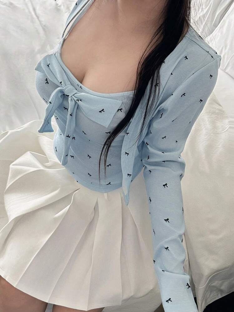 Dazy Plus 2pcs Plus Size Women Set: 3D Bow Camisole Top And Short Knitted Cardigan,Fall Women Clothes