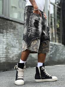 Manfinity LEGND Men's Black Denim Bermuda Shorts With Ripped Details And Camouflage Underlayer