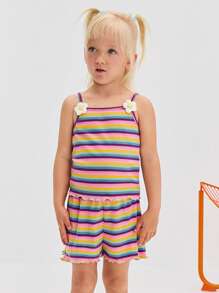 SHEIN Ung flicka – Avslappnad randig, beskuren topp och shorts i 2 delar - Blå - Visa 4