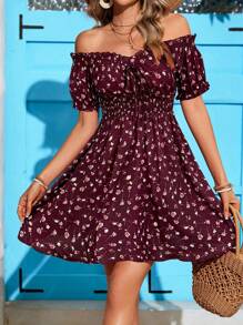SHEIN VCAY Vestido de playa para mujer de talla grande con hombros descubiertos, volantes y cintura alta, para verano - Burdeos - Ver 4