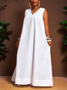 Veslaya Hàng mới về Xuân/Hè, Trang phục đi nghỉ mát, Trang phục đi làm, Trang phục thường ngày, Trang phục dạo phố, Đầm trắng trơn dáng chữ A cổ chữ V rộng rãi, vạt bất đối xứng, Kích cỡ lớn - Z, Đầm maxi cho ngày Valentine - trắng - Xem 2