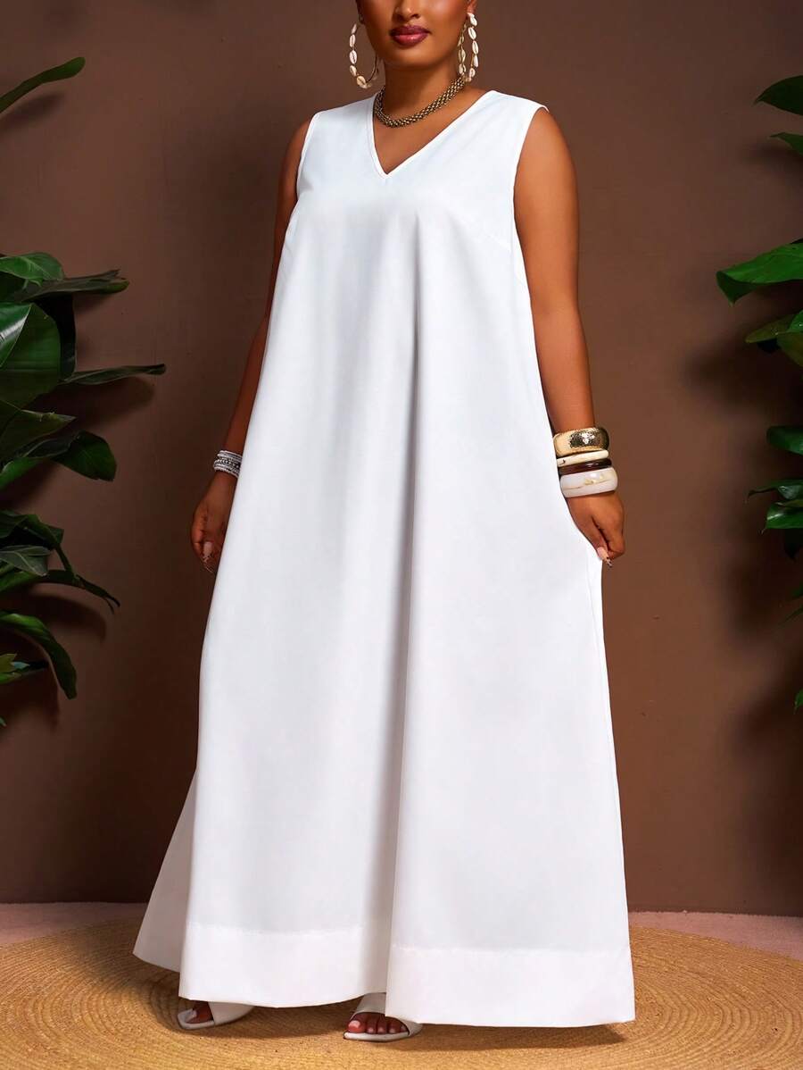 Veslaya Hàng mới về Xuân/Hè, Trang phục đi nghỉ mát, Trang phục đi làm, Trang phục thường ngày, Trang phục dạo phố, Đầm trắng trơn dáng chữ A cổ chữ V rộng rãi, vạt bất đối xứng, Kích cỡ lớn - Z, Đầm maxi cho ngày Valentine