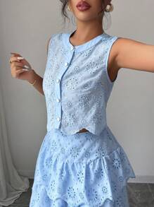 SHEIN Clasi Bộ 2 món thêu & đính chi tiết cho nữ, áo không tay & chân váy, mùa hè - Màu xanh nhạt - Xem 5