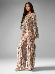 MISSGUIDED 花卉印花荷叶边喇叭裤波西米亚风节日场合派对晚会复古风长裤 - 彩色 - 查看 4