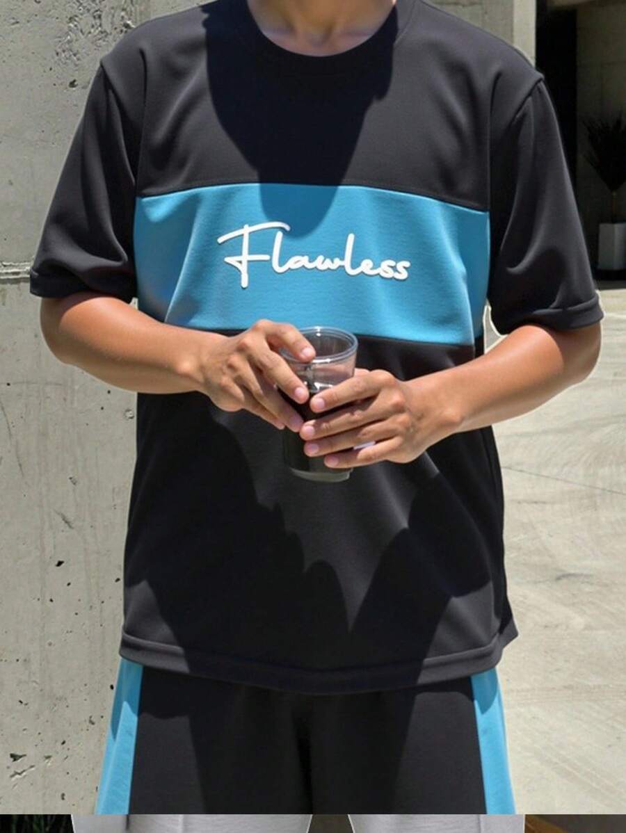 SHEIN Boys Letter Graphic Colourblock Tee & Shorts - Multicolor - View 1