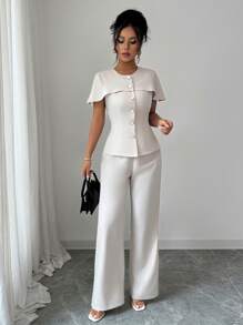 Elenzga Commute Casual Cape Design Top + Long Pants, Spring/Summer - Apricot - View 4