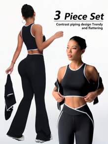 Slayform Conjunto deportivo de top sin mangas con ribete de contraste y pantalones - Conjunto de ropa deportiva para mujer