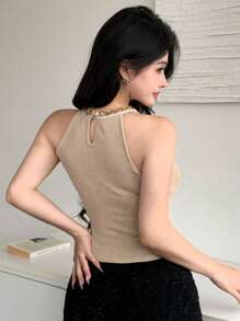 DAZY Shiny Sequin Decor Halter Neck Women's Fitted Fashion Tank Top - Khaki - View 2