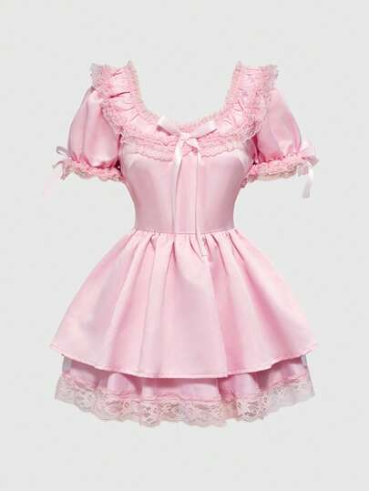 Kawaii Vestido rosado pastel de satén con encajes en estilo vintage, elegante y adorable