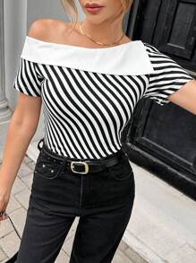 Chiquease 女式法式优雅条纹露肩短袖针织T恤
