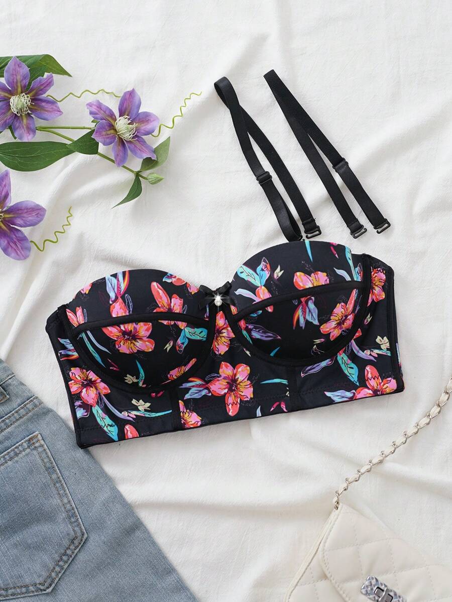 Spicy Aura 1pc Women's Floral Print Bow Decor Sexy Bustier - Multicolor - View 1