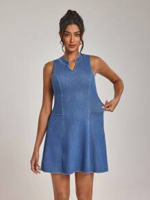 SHEIN Essnce 女式休闲日常口袋腰无袖牛仔连衣裙 - 藍色 - 查看 7