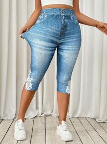 SHEIN Tall CURVE Plus Size Jean Print Lace Trim Leggings Women S Clothes Woman S Summer Clothes Women S Bottoms