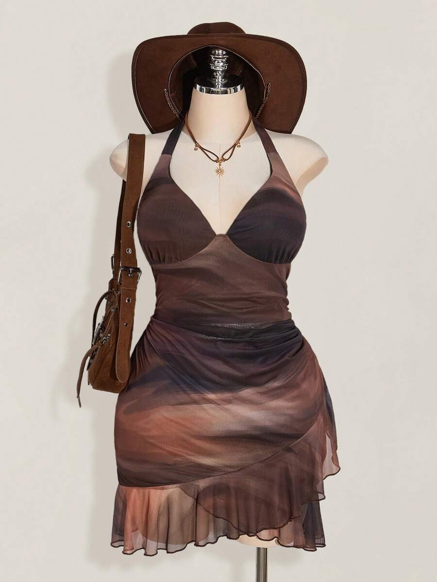 SHEIN ICON 加大码 Y2K 露背领带，荷叶边饰边，性感复古渐变色网眼吊带裙，非常适合度假和夏季 - 彩色 - 查看 1