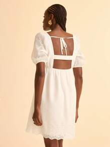 CAJUNI 女式夏季休闲度假海滩白色迷你连衣裙，带荷叶边下摆和泡泡袖 - 白色 - 查看 5
