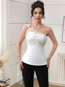 Modelyn Women's Summer Elegant Flower Embroidery Mesh Patchwork Blouse