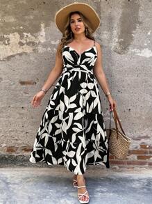 Breezaya 大码女式春夏西式波西米亚风假日休闲通勤树叶和花朵腰部抽绳多层下摆连衣裙