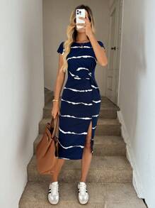 Easowa Của phụ nữ Nhuộm buộc Vòng cổ Eo Nút Đầm - Xanh đậm - Xem 3