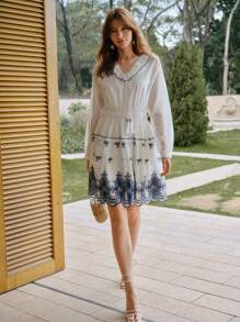 MOTF PREMIUM 刺绣褶饰撞色边连衣裙 - 白色 - 查看 5