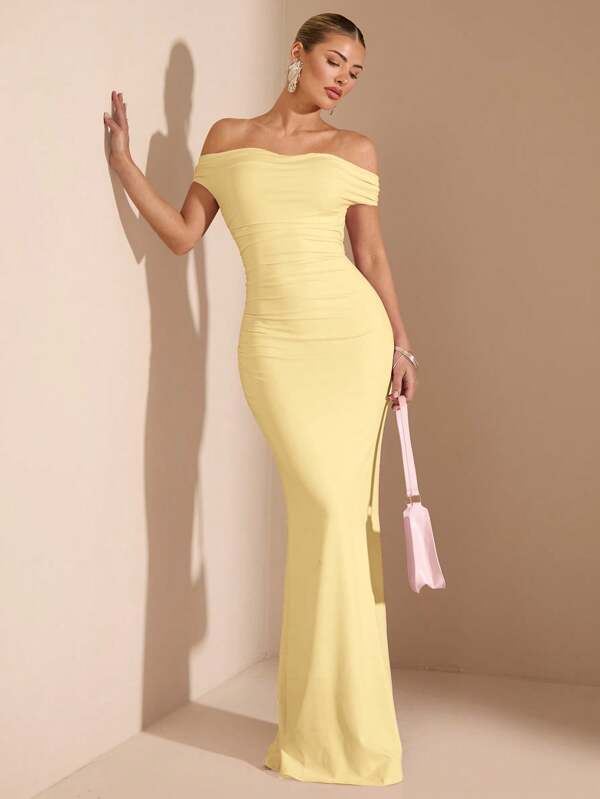 SHEIN BAE Summer Beach Vacation Solid Light Pink One-Shoulder Off-Shoulder Asymmetrical Neckline Off-Shoulder Multi-Wear Super Long Fishtail Dress, Suitable For Daily Dating, Night Out, Nightclubs, Parties, Get-Togethers, Cocktail Parties, Pool Parties, Back-To-School Season Dresses, Back-To-School Season Dresses, Holiday Dresses, Music Festival Dresses, Country Music Festival Dresses, Concert Dresses