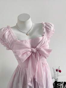 Sweetra 大码女式甜美性感蝴蝶结网纱雪纺短袖上衣，夏季女装，夏季连衣裙，生日女装，夏季女式衬衫 - 淺粉色 - 查看 4