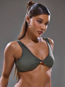 MUSERA Low Scoop Neck Twist Centre Sleeveless Crop Top Spring, Summer, Streetwear, Y2k, Cool Girl,City Muse - Olive Green - View 2