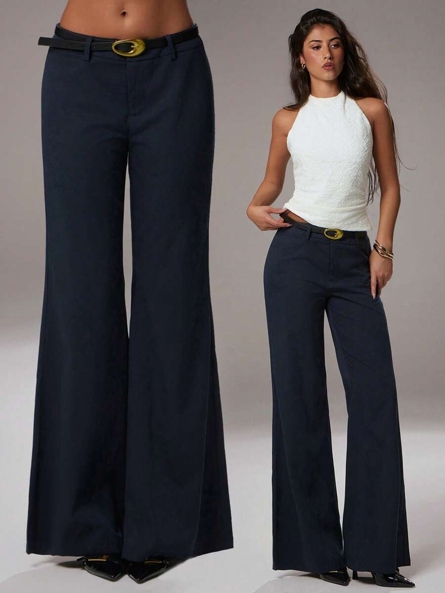 Women Graduation Navy Blue Drop Waist Pants Western Wear Office - Blue - View 1