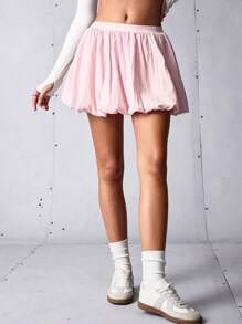 SHEIN Sports Women Solid Color Elastic Waist Pleated Sports Pink Skirt - Pink - View 4