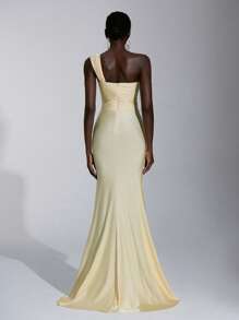 Elitara Women's Elegant Asymmetrical Shoulder Ruching Fishtail Skirt Formal Evening Dress, Minimalist Stretch Knit Train Gown For Wedding&Birthday Party - Light Yellow - View 5