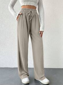 EURMUSE Women's Elastic Waist Drawstring H-Shape Wide Leg Casual Long Pants Linen - Camel - View 3