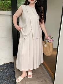 Dazy Plus 2pcs Set: Linen Crew Neck Asymmetrical Hem Sleeveless Loose Top And Pleated Long A-Line Skirt - Apricot - View 6