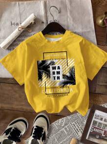 SHEIN Camiseta de cuello redondo de manga corta con estampado de paisaje de verano, ajuste casual para verano, para niño