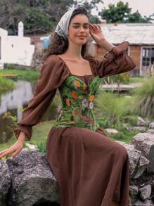 SHEIN Myrelith Green Floral Print Lace Up Corset Bustier Top For Women - Style Regular Length Fabric Corset