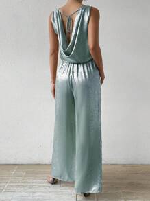 Chiquease Conjunto de dos piezas de pantalones largos de color metálico de moda para damas, para fiestas de Año Nuevo y celebraciones - Azul - Ver 2