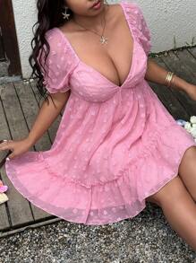 Sunnyshic 优雅的波西米亚风夏季女式太阳裙，纹理人造毛皮波尔卡圆点雪纺泡泡袖喇叭迷你粉色连衣裙，公主风格度假海滩 - 粉色 - 查看 7