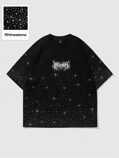 Street Life Men's Goth Short Sleeve T-Shirt & Shorts Set, Street Style English Graphic & Studded Print, Black, Rave, Halloween