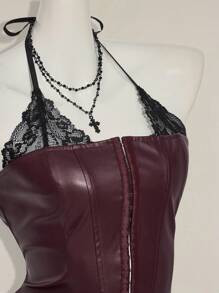 SHEIN ICON Form-Fitting Lace Camisole Design Sleeveless Top For Women - Burgundy - View 9