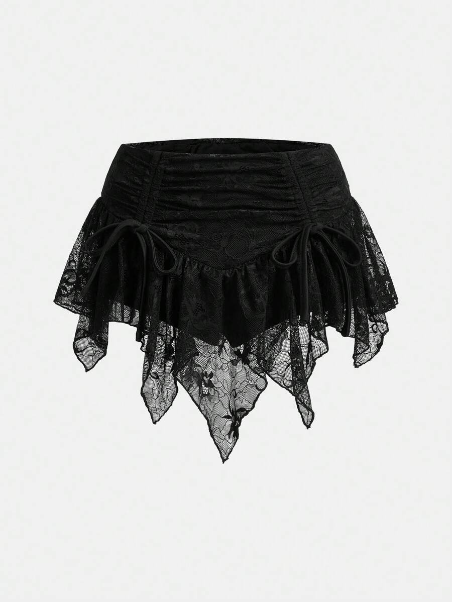 Sweetina 不对称下摆抽绳腰部褶饰蕾丝迷你裙