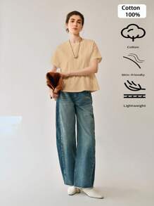 Uhlyne 女士休闲纯棉圆领短袖宽松T恤上衣，基础款，商务休闲，适合工作场合、办公室、教师等场合穿着。 - 杏色 - 查看 10