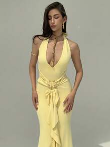 Aloruh Women's Solid Color Deep V Neck Sleeveless Backless Ruffle Hem Yellow Dress, Sexy For Summer - Yellow - View 1