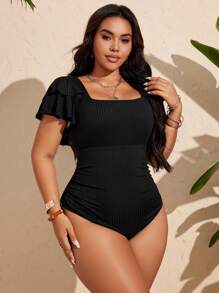 Swim Chiccia Plus Size Exaggerated Ruffle Puff Sleeve One-Piece Swimsuit For Vacation For Summer