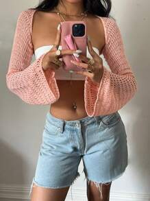 Sunnyshic 时尚性感纯色镂空针织开衫背心女秋季，粉色 - 粉色 - 查看 1