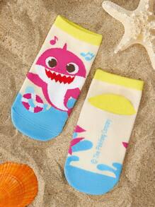 BABY SHARK X SHEIN 3双儿童纯棉可爱卡通海洋图案袜子，加固脚趾和脚跟，耐磨，适合男孩和女孩，适合上学和日常穿着，所有季节 - 彩色 - 查看 11