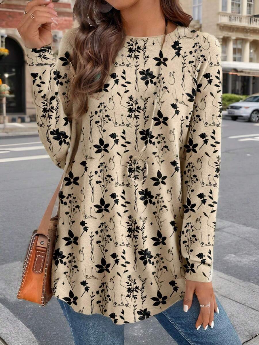 EMERY ROSE Áo thun nữ cổ tròn tay raglan in họa tiết hoa cổ điển viền bất đối xứng, phù hợp cho mùa thu/đông - Nhiều màu - Xem 1