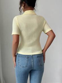 Elenzga Women's Solid Color Short Sleeve Single-Breasted Jacquard Knit Shirt-Style T-Shirt