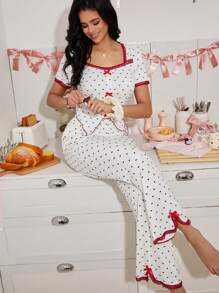 SweetSlumber Conjunto de pijama de punto para mujer con estampado de corazón y aplicación de encaje