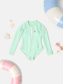 SUMWON Long Sleeve Surf One Piece Swimsuit For Tween Girls Beach Summer Protective Rash Guard UV Protection Zipper Front - Green - View 1